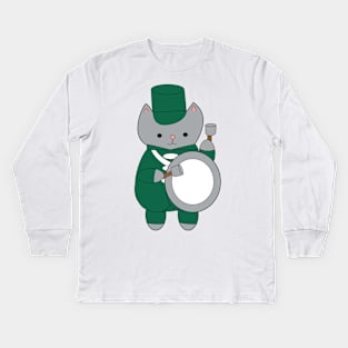 Cat Marching Band Bass Drummer Green and White Kids Long Sleeve T-Shirt